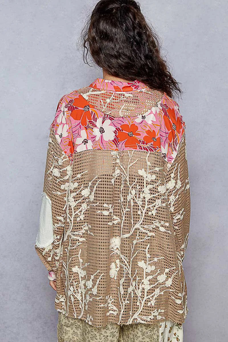 POL Floral Print Crochet Button Up Shirt - Tigbul's Variety Fashion Shop