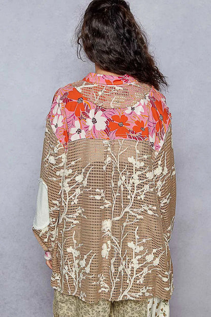 POL Floral Print Crochet Button Up Shirt - Tigbul's Variety Fashion Shop