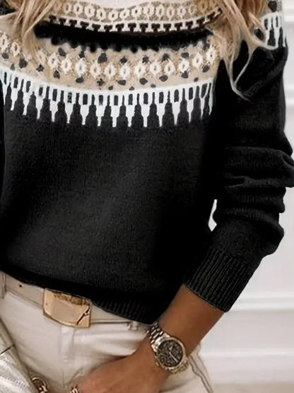 Full Size Vintage Patterned Round Neck Sweater Plus Size - Tigbul's Variety Fashion Shop