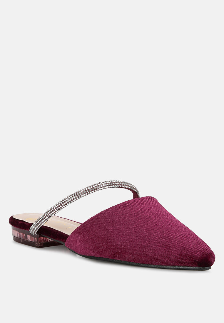 Burgundy velvet mule with diamante bow detail and low block heel