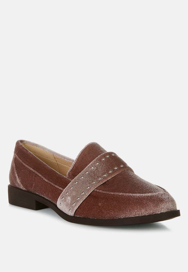 Burgundy velvet loafers with studded strap and low block heel