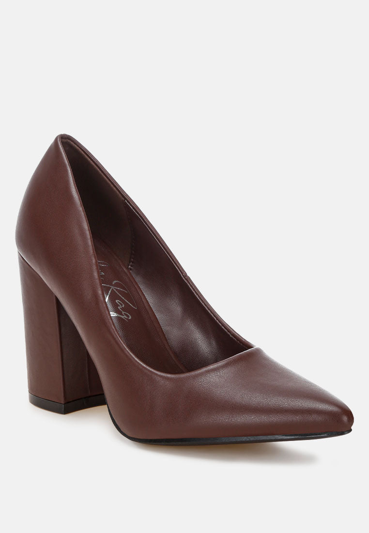Brown faux leather pumps with block heel and pointed toe, side angle