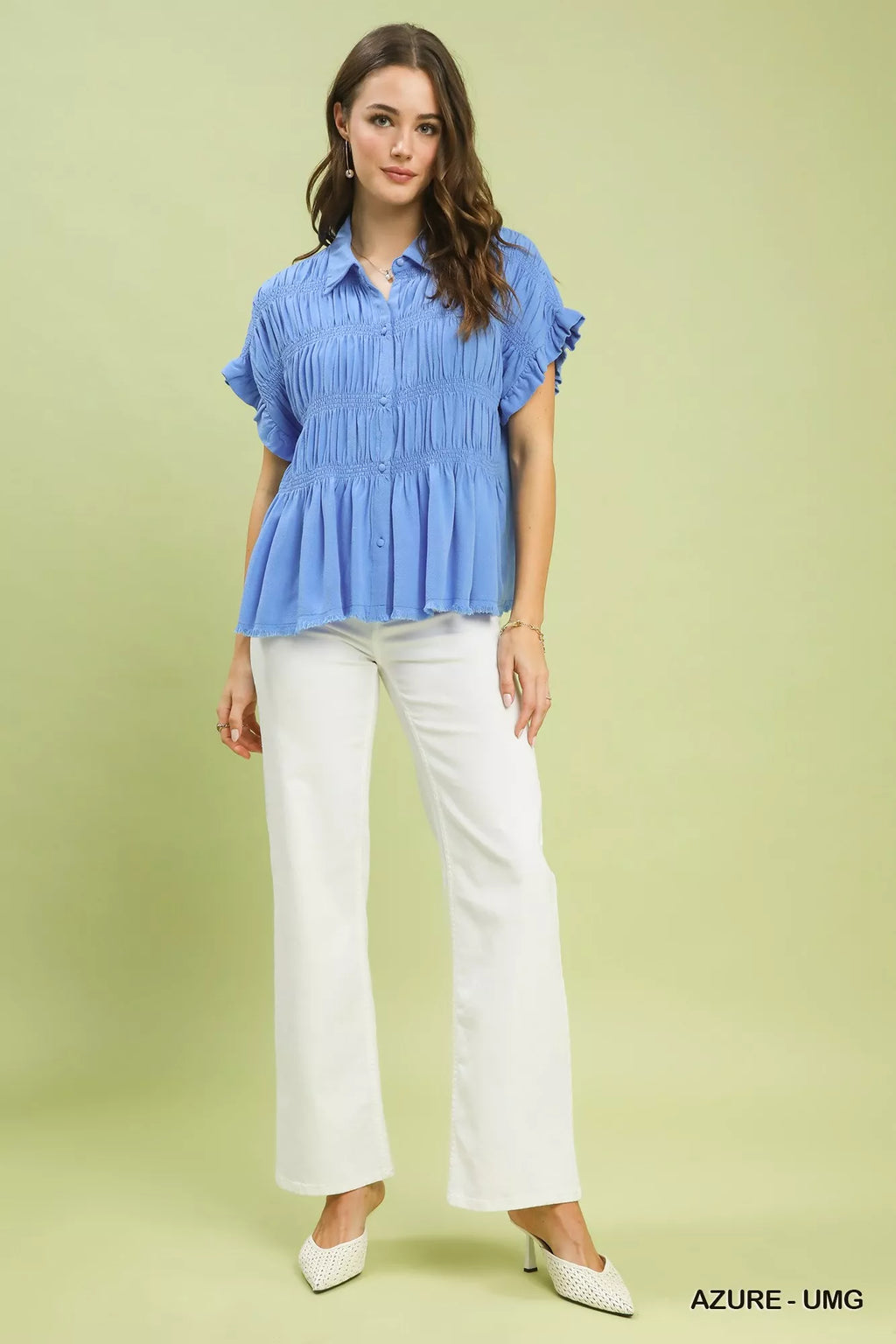 Azure washed linen-blend smocked peplum-style shirt with button front