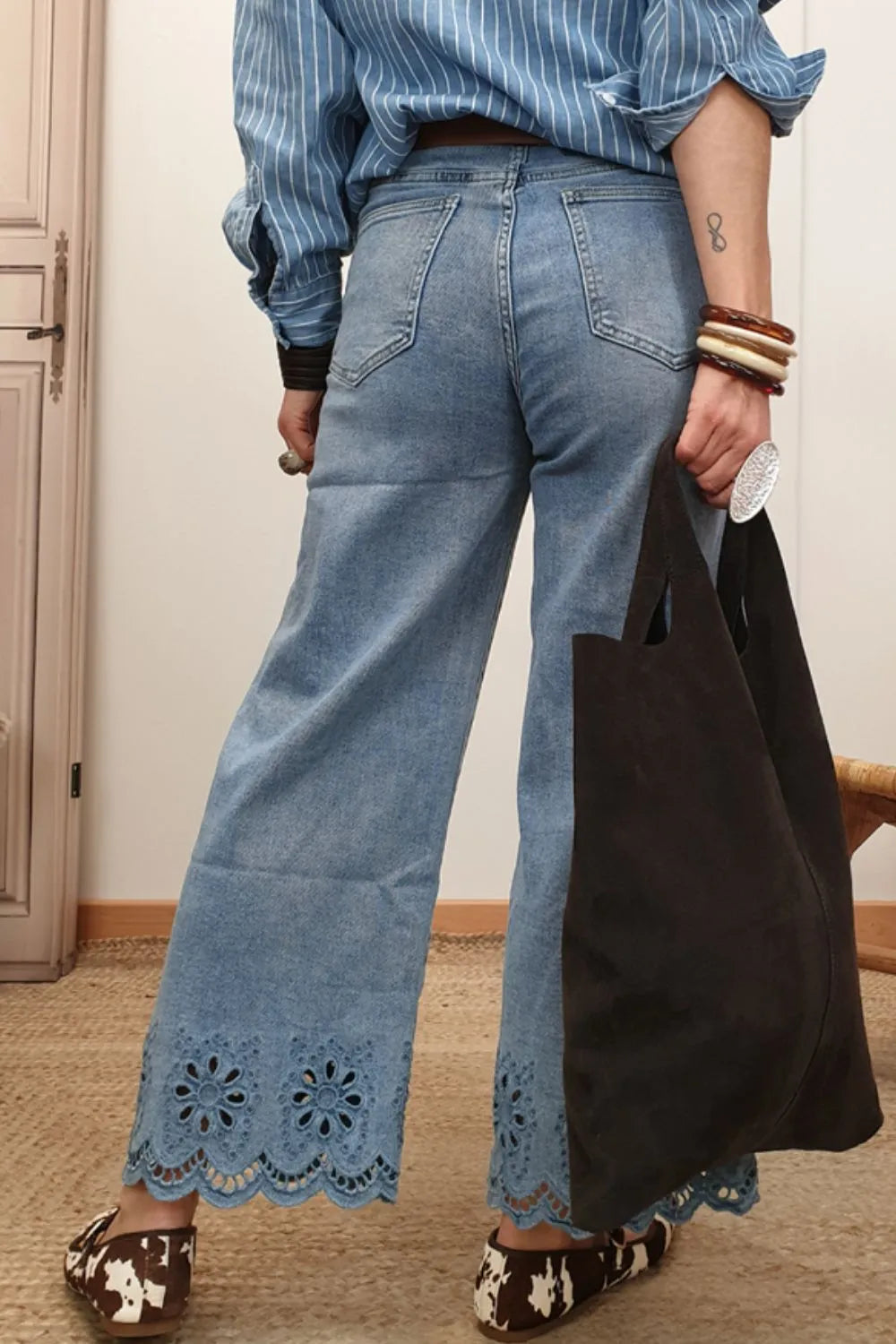 Lace Detail Cropped Wide Leg Jeans - Tigbul's Variety Fashion Shop