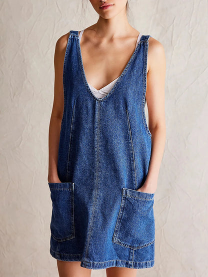 Oversized V-Neck Denim Tank Dress with Front Pockets - Tigbul's Variety Fashion Shop