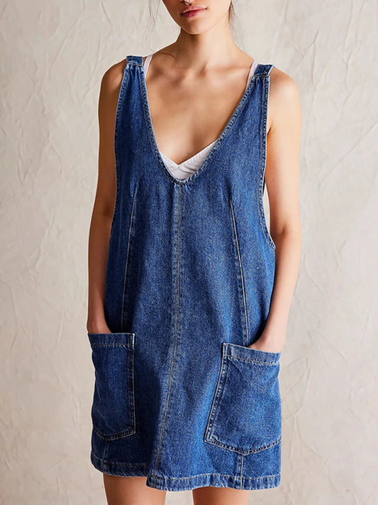Oversized V-Neck Denim Tank Dress with Front Pockets - Tigbul's Variety Fashion Shop