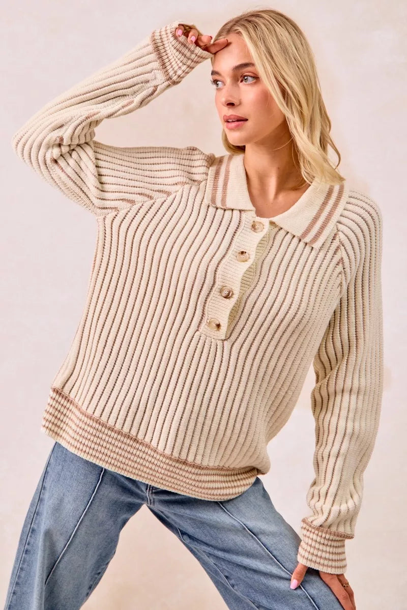 BiBi Half Button Ribbed Two Tone Sweater - Tigbul's Variety Fashion Shop