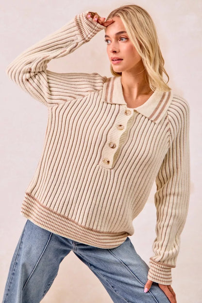 BiBi Half Button Ribbed Two Tone Sweater - Tigbul's Variety Fashion Shop