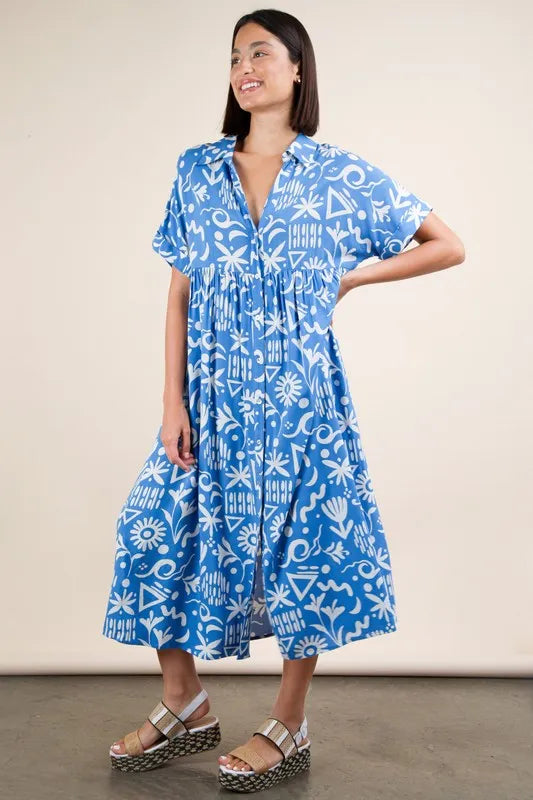 Blue Plus Size Oversized Printed Shirt Midi Dress - Tigbul's Variety Fashion Shop