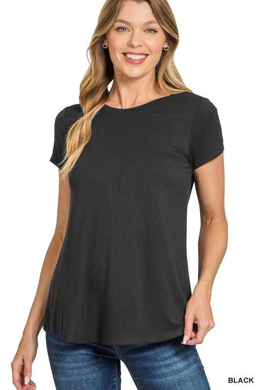 Zenana Flowy Round Hem Rayon Short Sleeve T-Shirt - Tigbul's Variety Fashion Shop