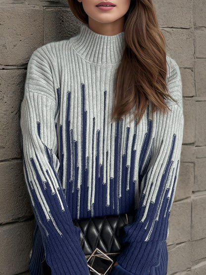 Contrast Mock Neck Long Sleeve Sweater - Tigbul's Variety Fashion Shop