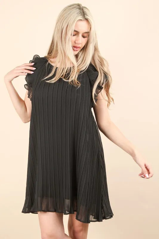 Black Plus Size Ruffle Sleeve Pleated Woven Mini Dress - Tigbul's Variety Fashion Shop