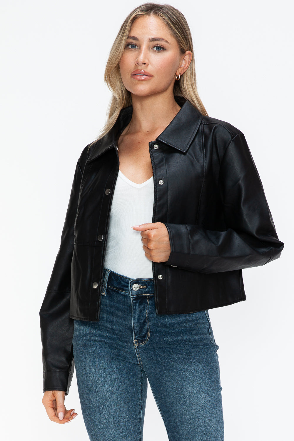 Black Snap Down Long Sleeve PU Leather Jacket