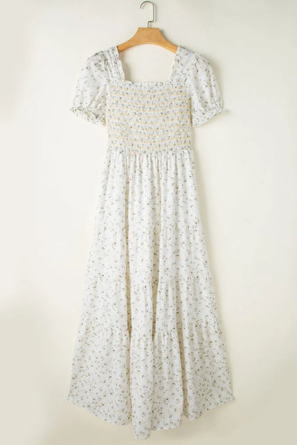 White Floral Smocked Short Puff Sleeve Maxi Dress - Tigbul's Variety Fashion Shop