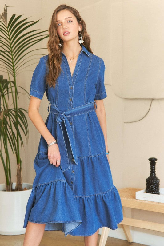 Dark Blue Tiered Button Down Tie Waist Short Sleeve Denim Dress - Tigbul's Variety Fashion Shop