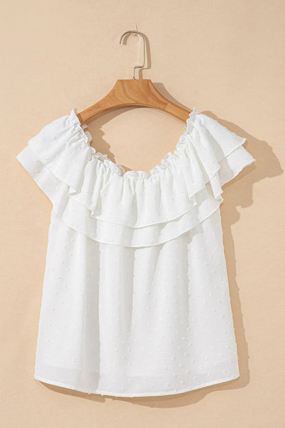 Off Shoulder Ruffle Knotted Detail Swiss Dot Blouse - Tigbul's Variety Fashion Shop