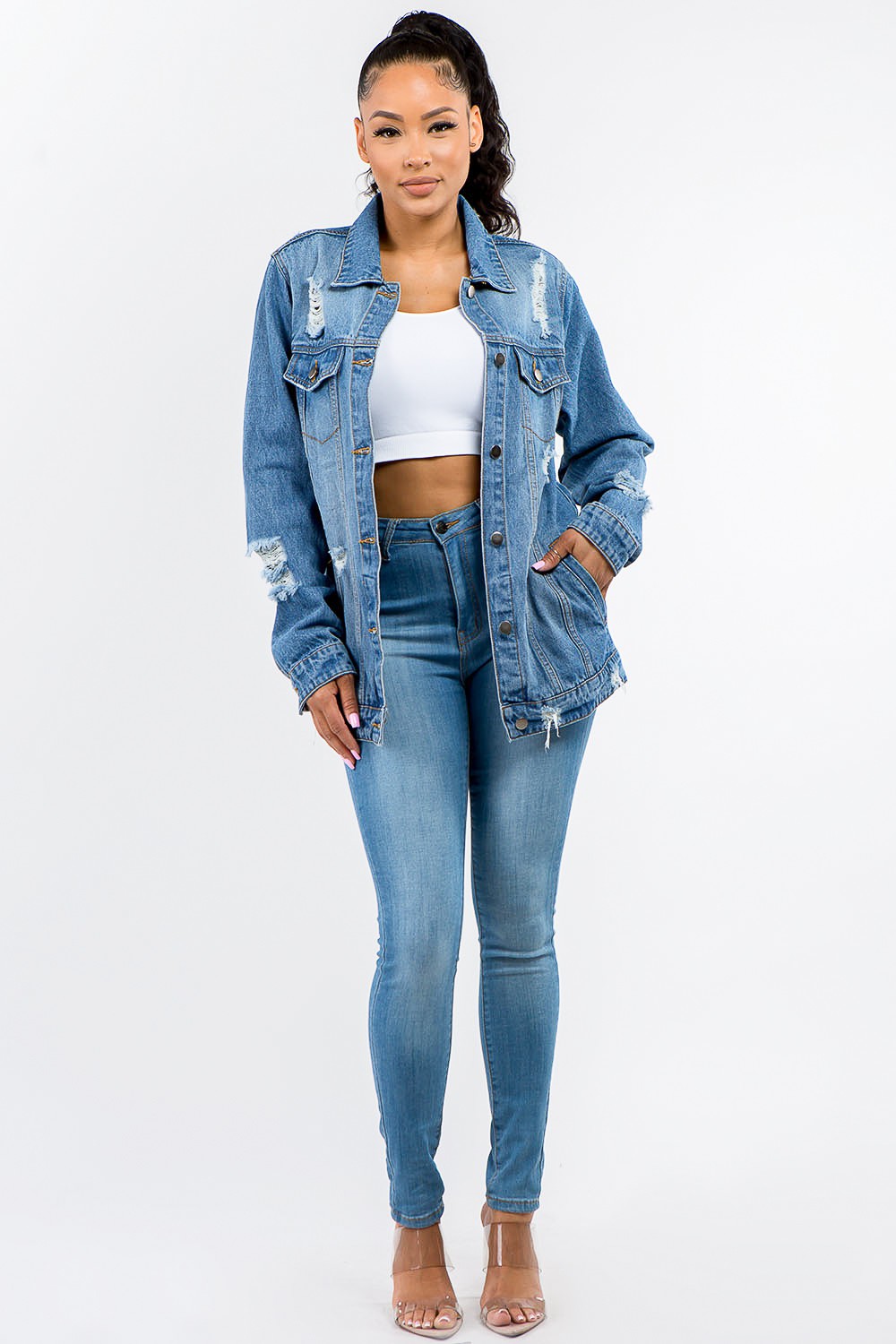 American Bazi Full Size Button Up Distressed Denim Jacket - Tigbul's Variety Fashion Shop