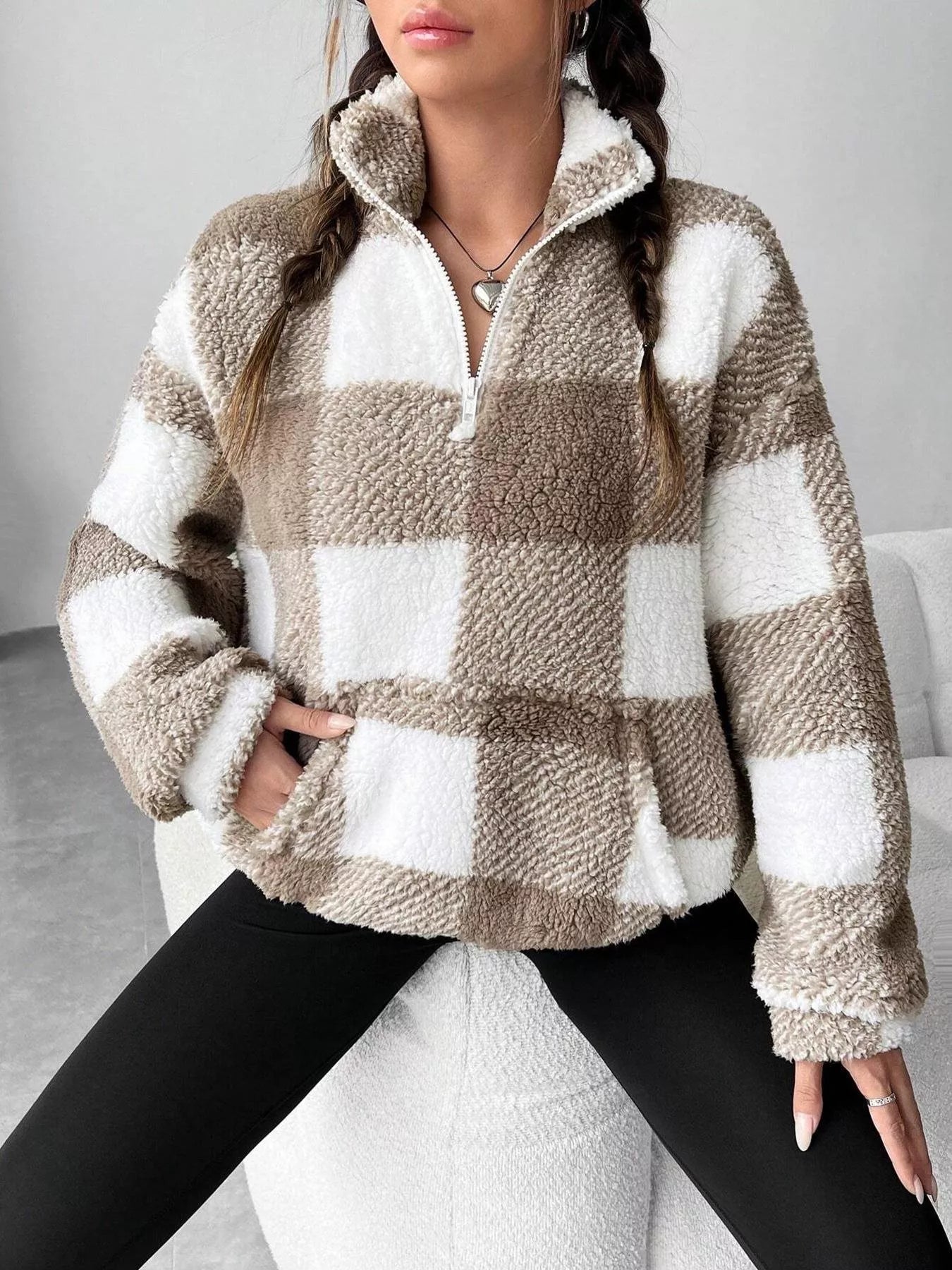 Full Size Plaid Sherpa Long Sleeve Sweatshirt Plus Size - Tigbul's Variety Fashion Shop