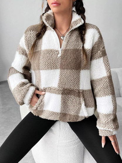 Full Size Plaid Sherpa Long Sleeve Sweatshirt Plus Size - Tigbul's Variety Fashion Shop