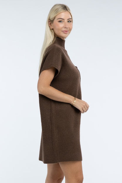 Mock Neck Short Sleeve Sweater Dress with Pocket - Tigbul's Variety Fashion Shop