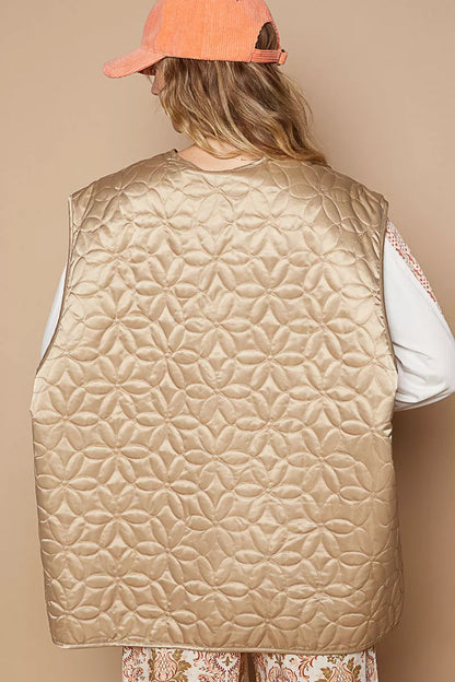 POL Front Zipper Floral Pattern Quilted Vest Coat with Front Pockets - Tigbul's Variety Fashion Shop