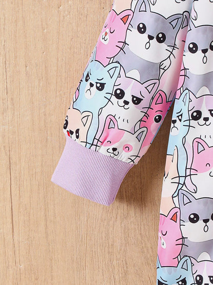 Children's Cartoon Cat Print Fleece Lined Hooded Jacket with Bag - Tigbuls