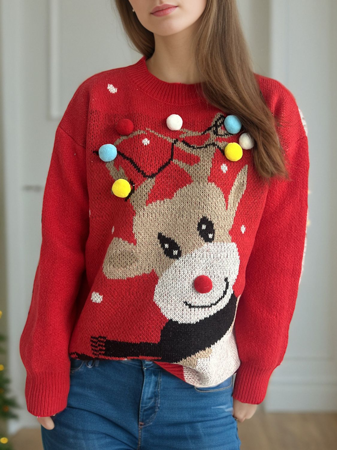 Reindeer Round Neck Long Sleeve Sweater - Tigbul's Variety Fashion Shop