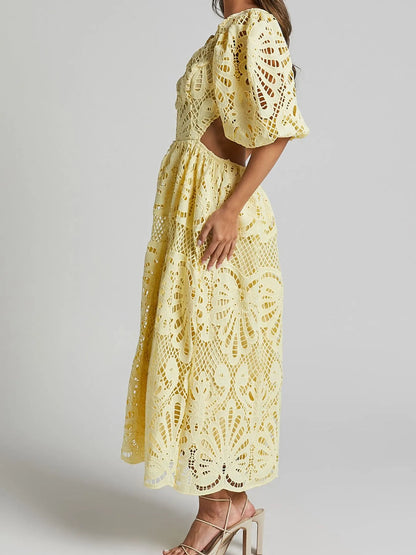 Cutout Back Lace Crochet V-Neck Dress - Tigbul's Variety Fashion Shop