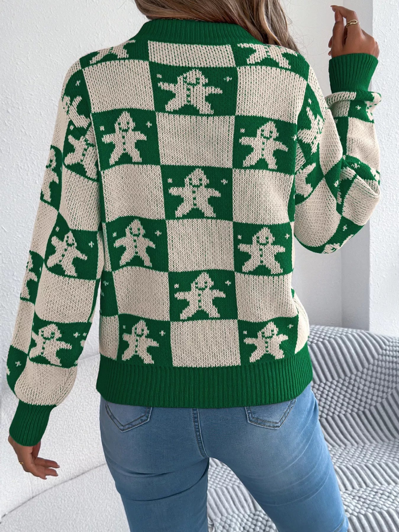 Christmas Checkerboard Gingerbread Round Neck Sweater - Tigbul's Variety Fashion Shop