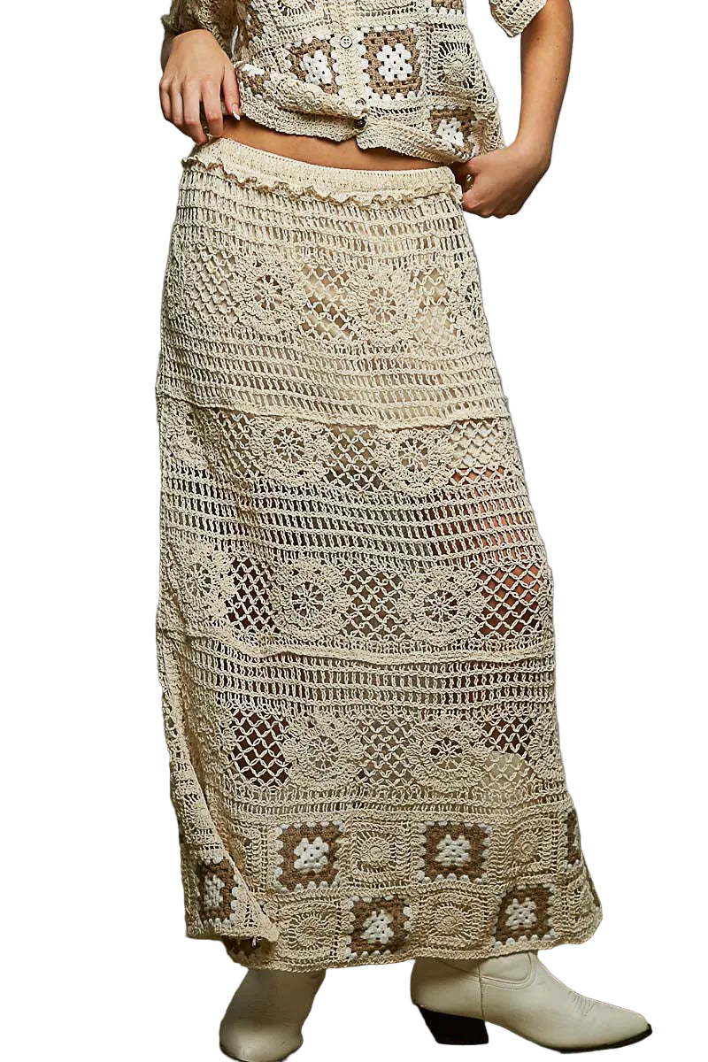 POL Floral Crochet Ruffled Waistband Maxi Skirt with Granny Square Weave | Tigbuls