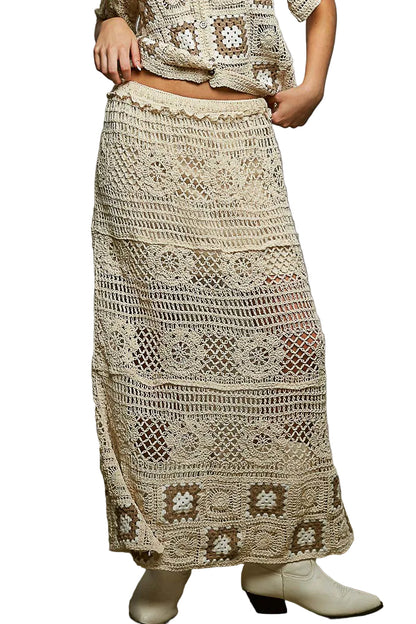 POL Floral Crochet Ruffled Waistband Maxi Skirt with Granny Square Weave | Tigbuls