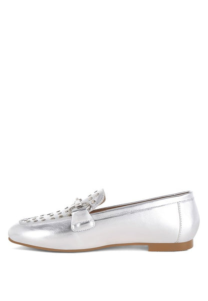 Estafa Horsebit & Studs Metallic Pleather Loafers - Tigbul's Variety Fashion Shop