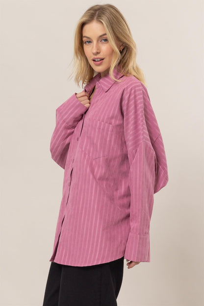 Stripe Button Down Long Sleeve Oversized Shirt - Tigbul's Variety Fashion Shop