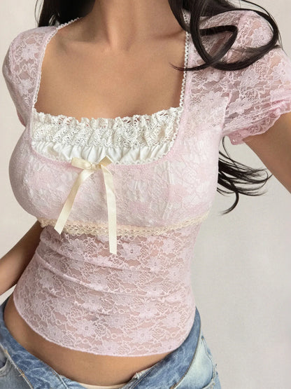 Lace Short Sleeve T-Shirt with Bow Detail - Tigbul's Variety Fashion Shop