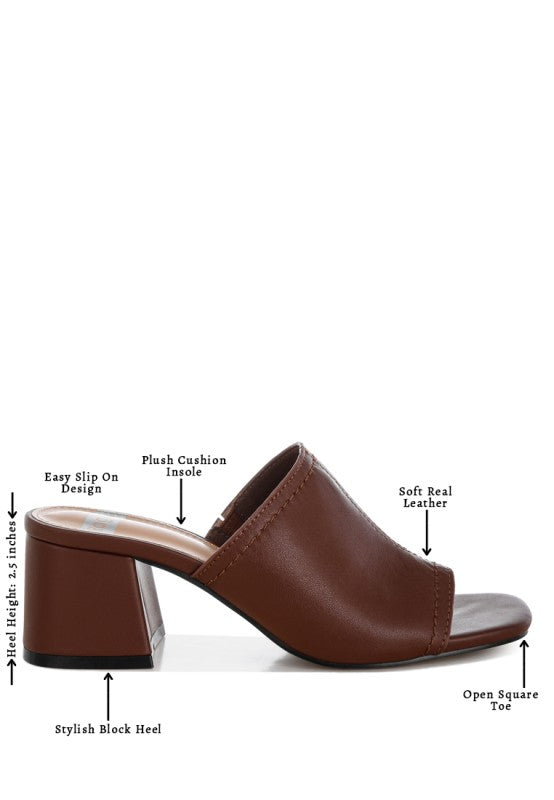 Wuling slip-on soft leather heels, brown, open square toe, block heel