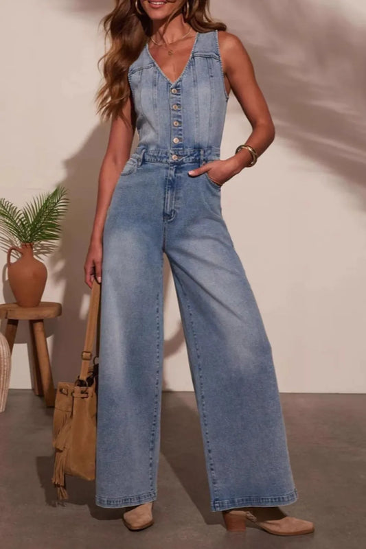 V-neck Wide Leg Denim Jumpsuit - Tigbul's Variety Fashion Shop