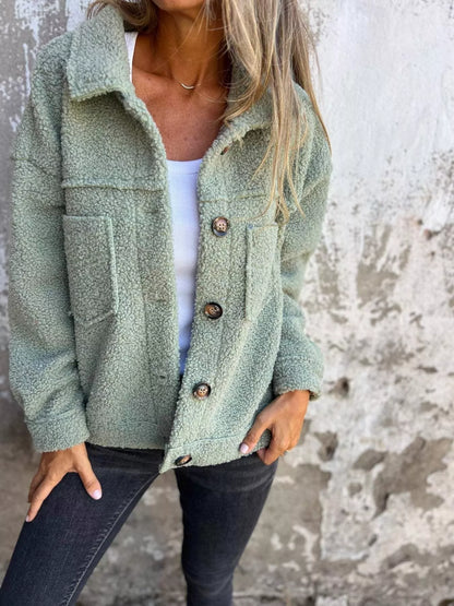 Full Size Single-Breasted Sherpa Shacket Plus Size - Tigbul's Variety Fashion Shop