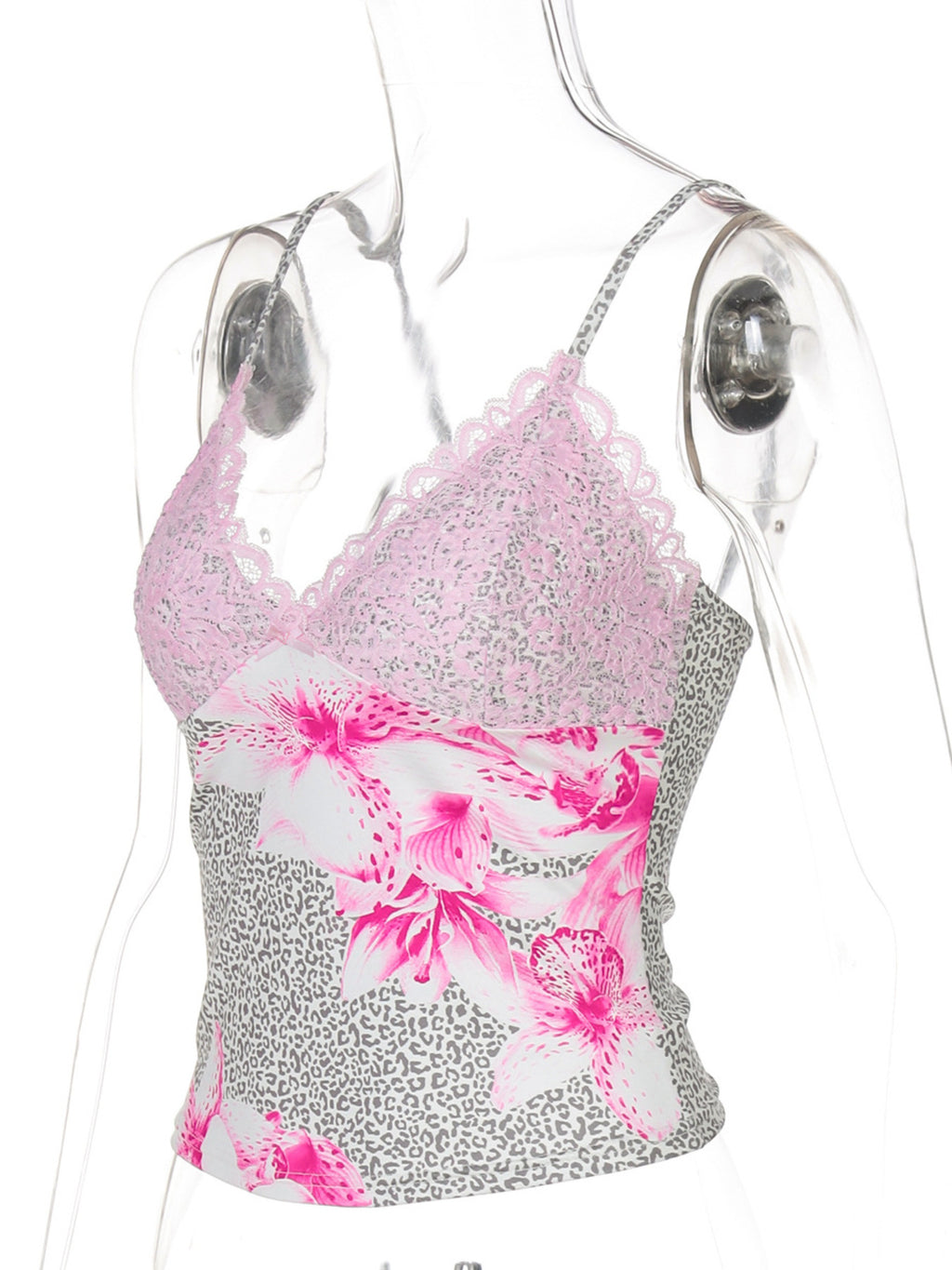 Dusty Pink lace detail leopard cami with bow at the bust and scalloped lace trim