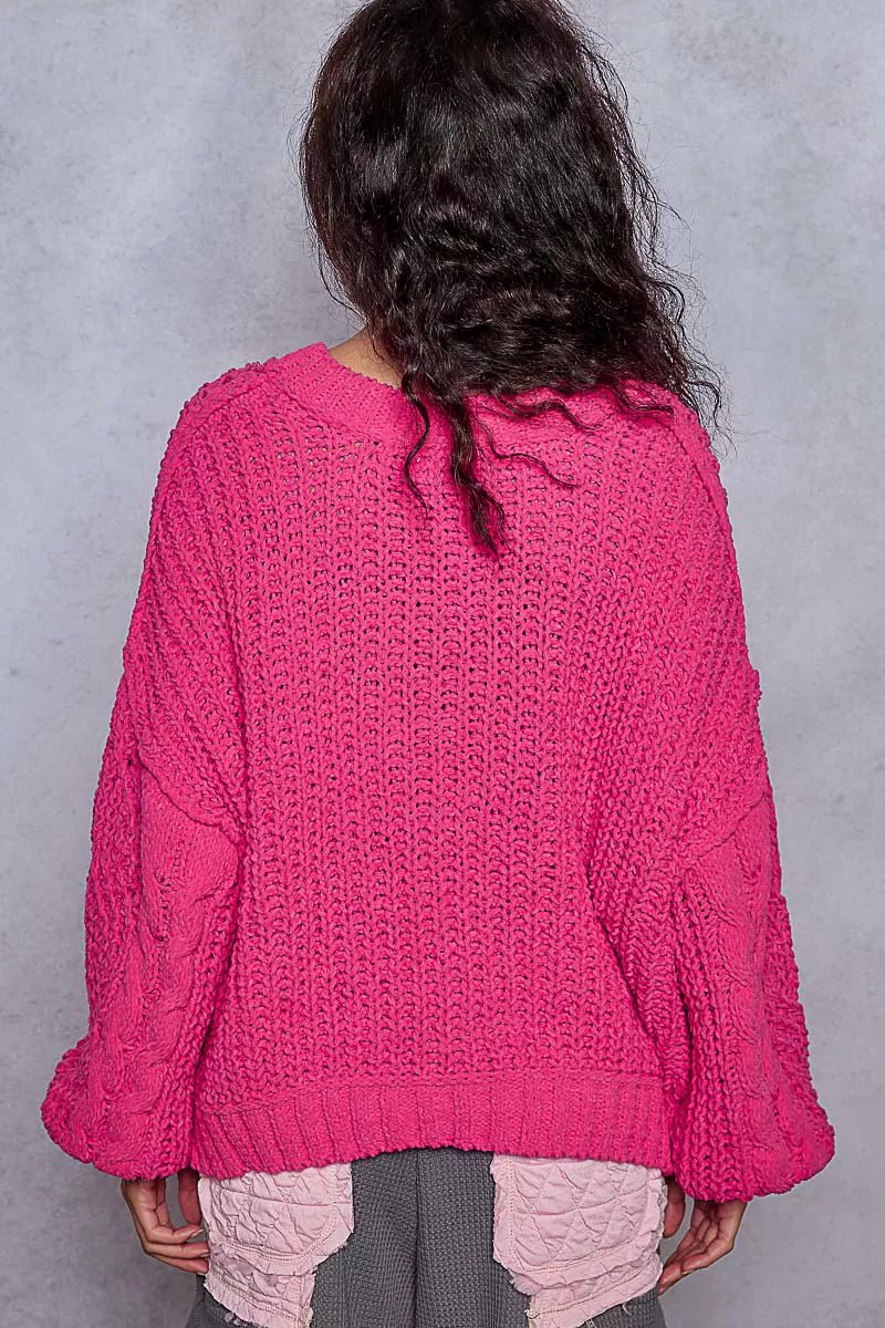 POL Cable-Knit Solid V-Neck Cropped Sweater - Tigbul's Variety Fashion Shop