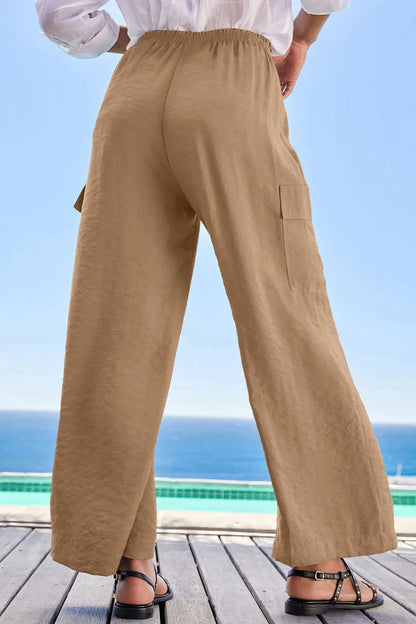 Drawstring Frilled Waist Wide Leg Utility Trousers - Tigbul's Variety Fashion Shop