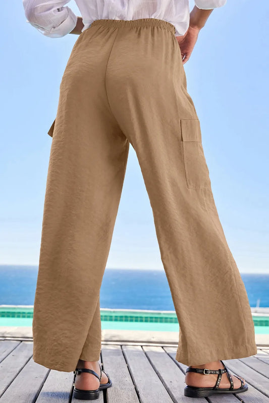 Drawstring Frilled Waist Wide Leg Utility Trousers - Tigbul's Variety Fashion Shop