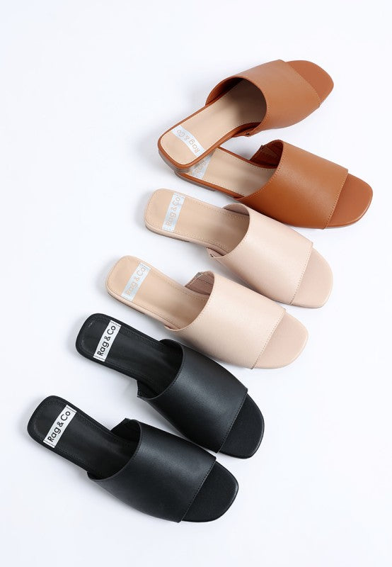 Everyday slip-on flats in black, beige, and tan, with open square toe design