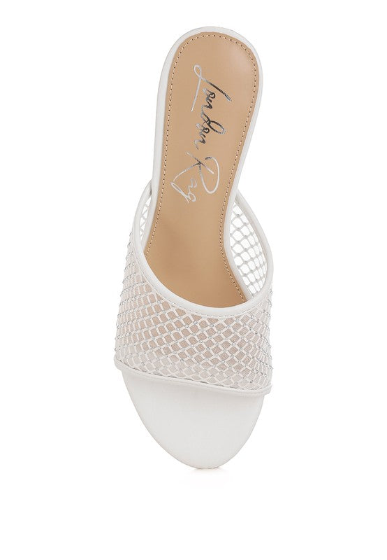 White mesh sandal heel cup with open back and tan insole underside