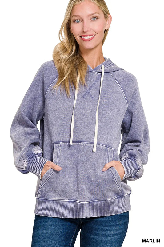 Zenana Acid Wash Fleece Hoodie with Kangaroo Pocket - Tigbul's Variety Fashion Shop