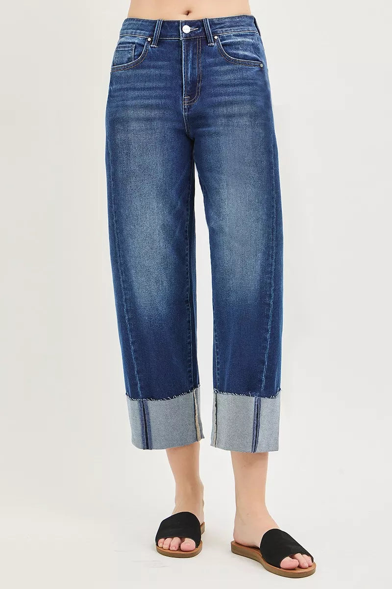 Dark blue barrel cuff crop jeans with straight drape and contrast cuff hem detail