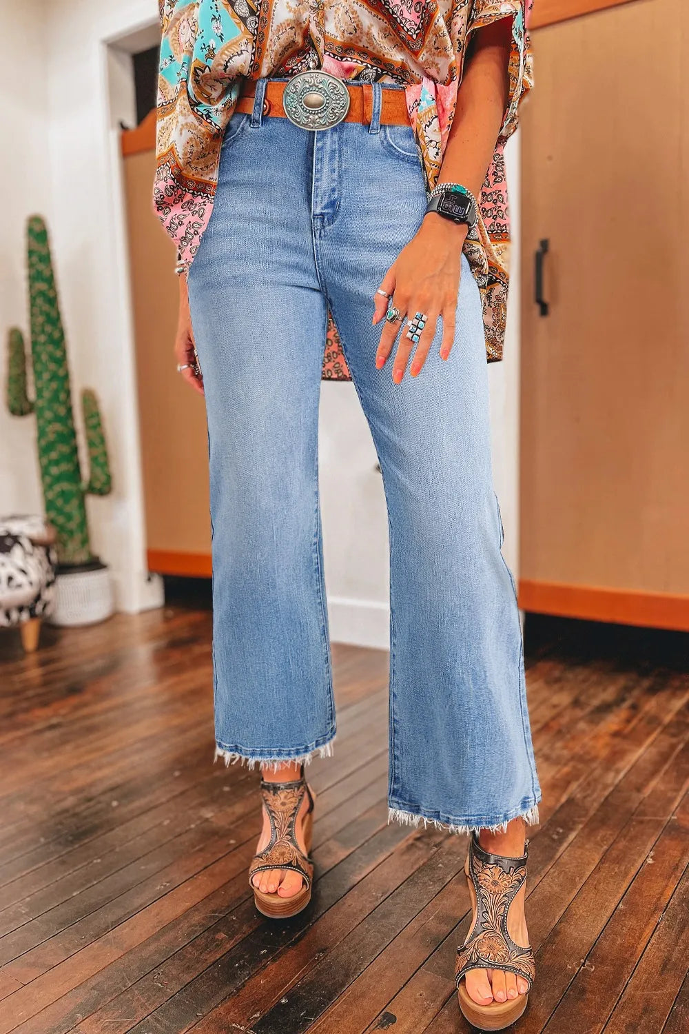 Mineral Wash Raw Hem High Waist Flared Jeans - Tigbul's Variety Fashion Shop