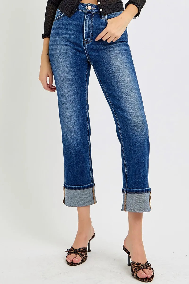 RISEN High Rise Ankle Straight Cuffed Jeans - Tigbul's Variety Fashion Shop