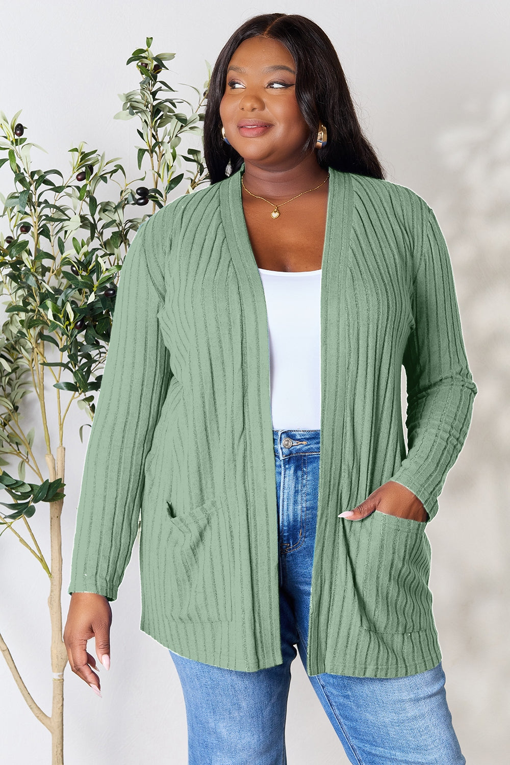 Ribbed Open Front Cardigan with Pockets - Tigbuls Variety Fashion