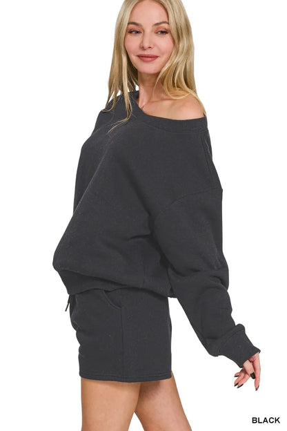 Zenana Fleece Boat Neck Sweatshirts & Shorts 2pcs Set - Tigbul's Variety Fashion Shop
