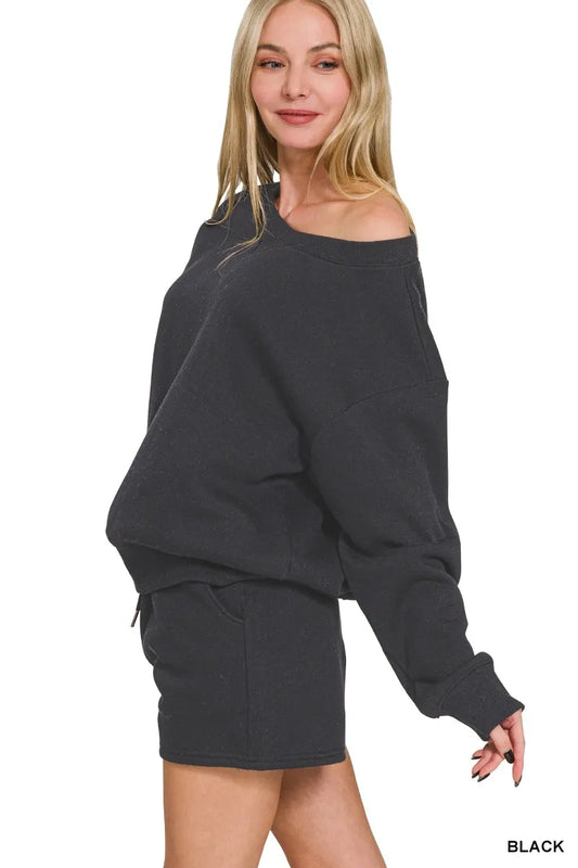 Zenana Fleece Boat Neck Sweatshirts & Shorts 2pcs Set - Tigbul's Variety Fashion Shop